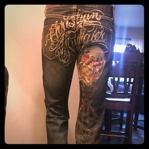 Ladies Christian Audigier Painted Skull Jeans